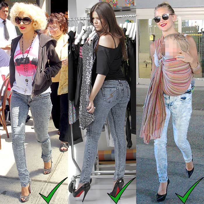 Christina Aguilera, Khloé Kardashian, and Kate Hudson elevate acid wash jeans with stilettos, creating a chic and sophisticated ensemble