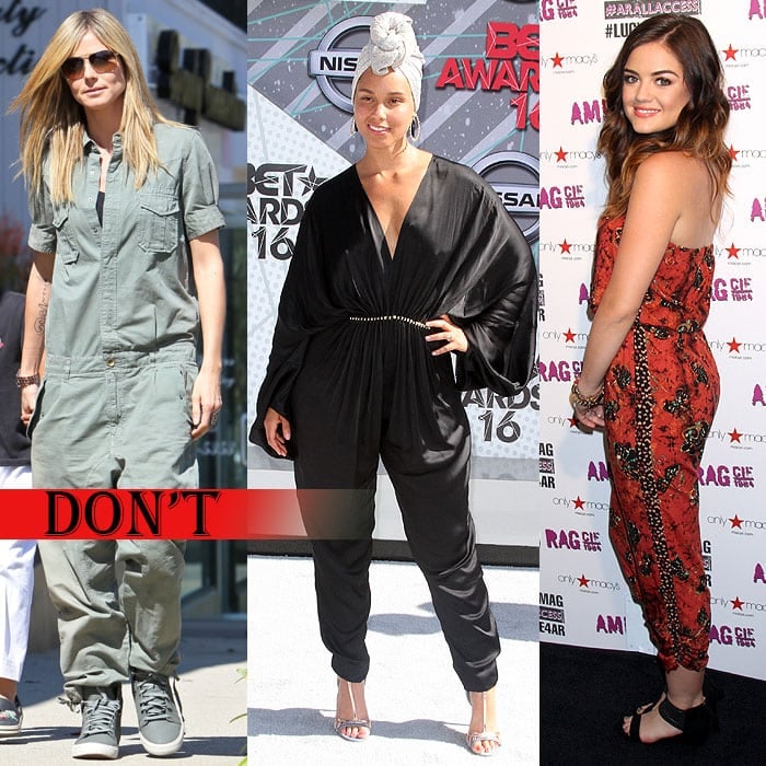 Heidi Klum, Alicia Keys, and Lucy Hale wearing too-loose and unflattering jumpsuits