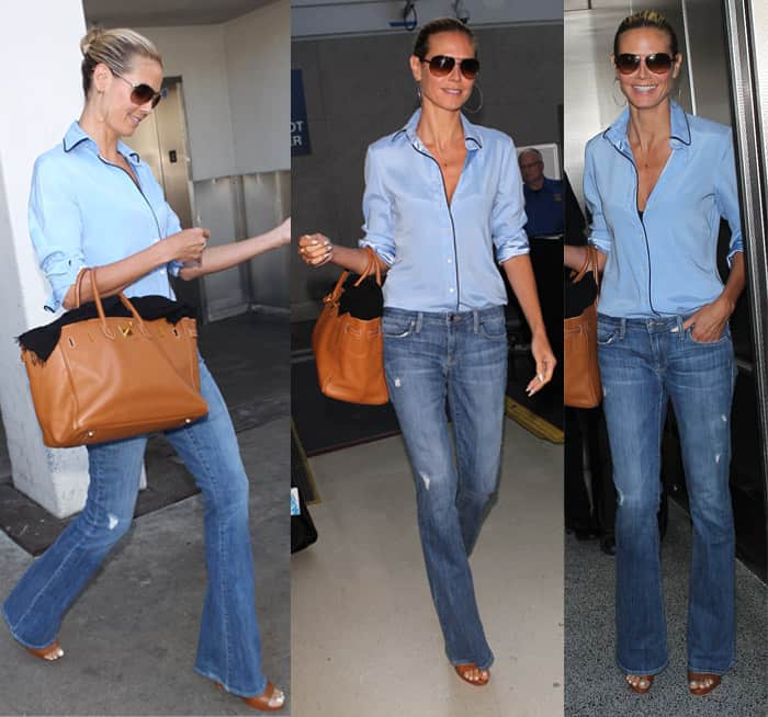 Timeless Elegance: Heidi Klum showcases the versatility of flare pants with a classic button-down shirt