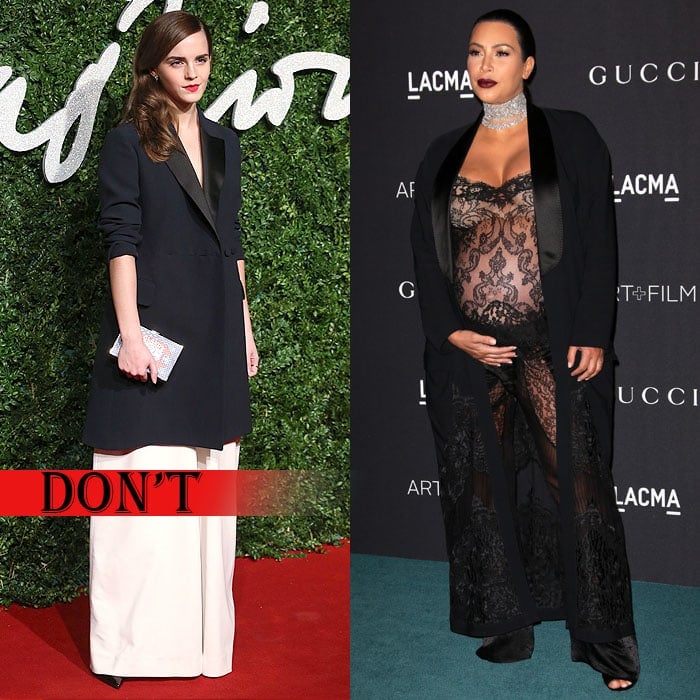 Emma Watson being engulfed by her long blazer and wide-leg jumpsuit, and pregnant Kim Kardashian looking trashy in a sheer lace jumpsuit topped with a long, tuxedo-lapel duster coat