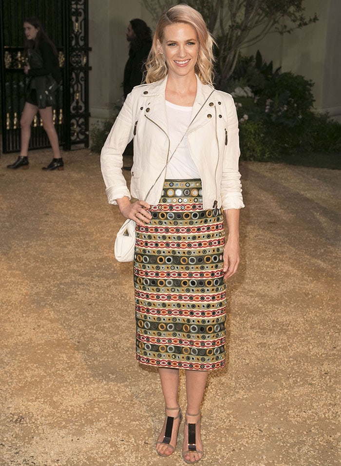 January Jones flaunted her hot legs in a Burberry pencil skirt featuring a multicolored embroidery with ring-like patterns