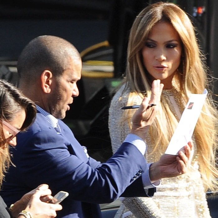 Jennifer Lopez in a beige beaded mini dress from Nicolas Jebran