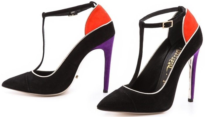 Jerome C. Rousseau pumps update a T-strap silhouette with soft, colorblock suede