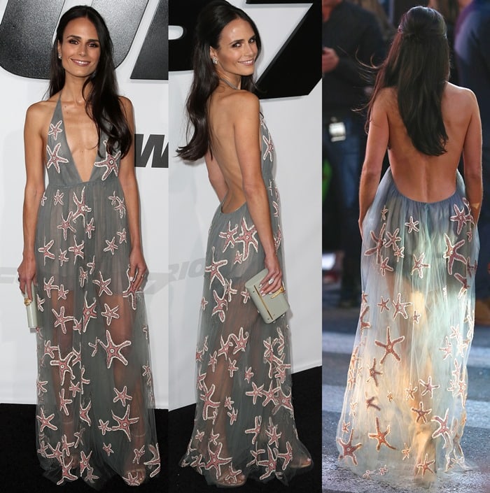 Jordana Brewster wears a plunging gray halter tulle gown from Valentino