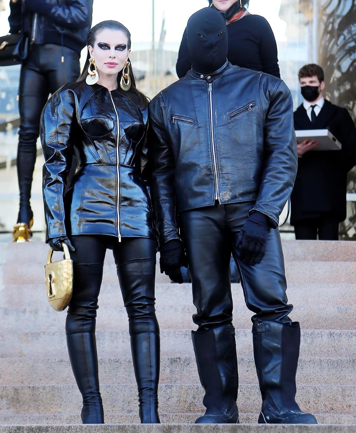 Julia Fox and her boyfriend Kanye West in black leather jackets and dark leather pants