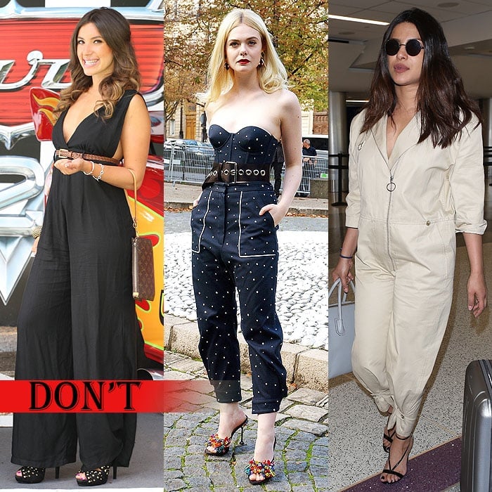 British TV actress Gabriella Ellis wearing a belt too high around her midsection, Elle Fanning accessorizing her jumpsuit with a too-wide belt, and Indian actress Priyanka Chopra not wearing a belt at all and losing her waist definition