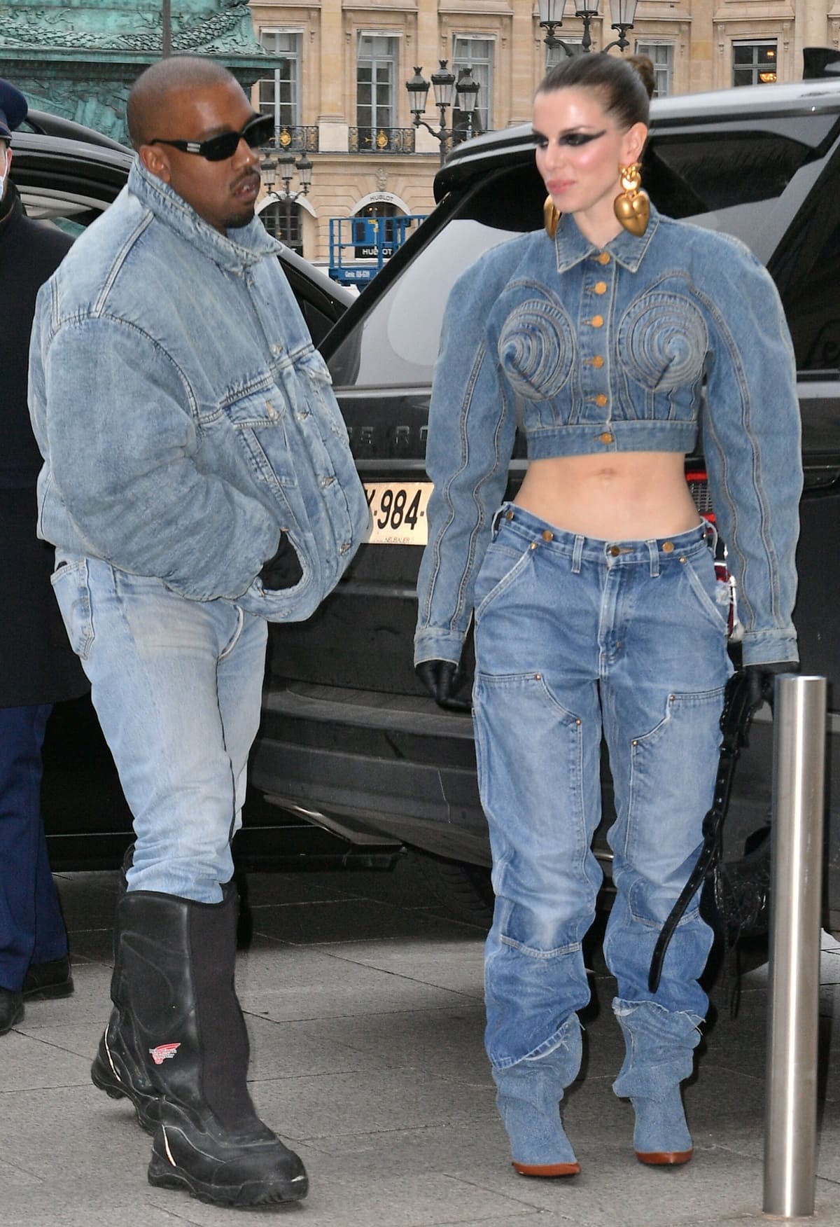 Kanye West and Julia Fox arrived in matching denim ensembles for the Kenzo Men’s Fall/Winter 2022/2023 fashion show