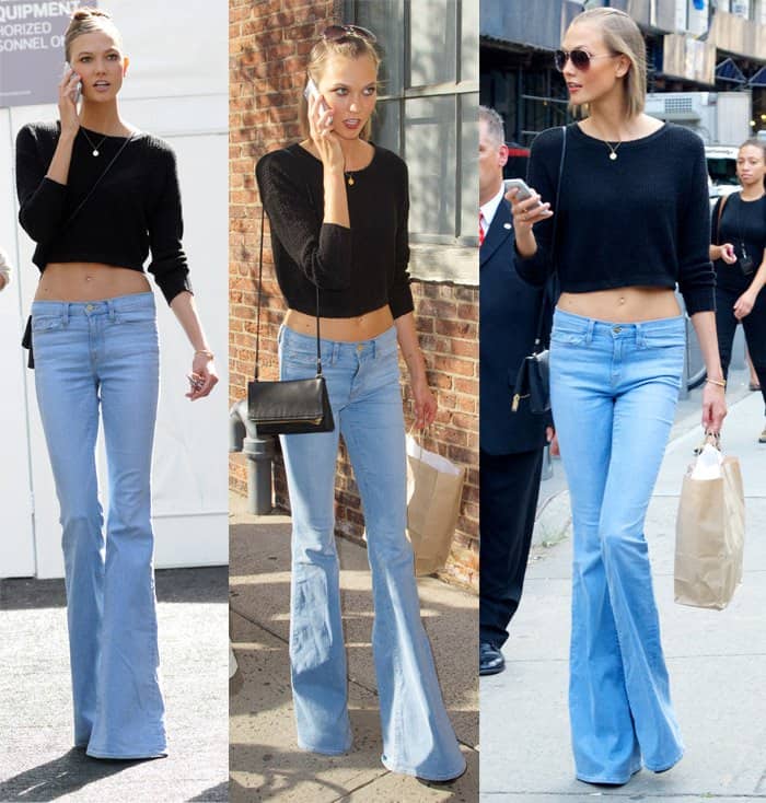 Casual Glamour: Karlie Kloss rocks her flared jeans with a cropped pullover, blending effortless style with retro flair