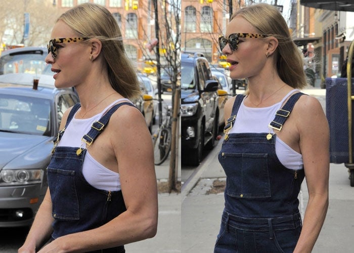 Kate Bosworth wears denim overalls over a white halter top
