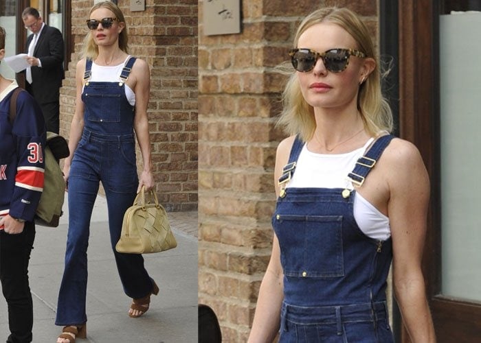 Kate Bosworth wears denim overalls and a white halter top while leaving her New York City hotel