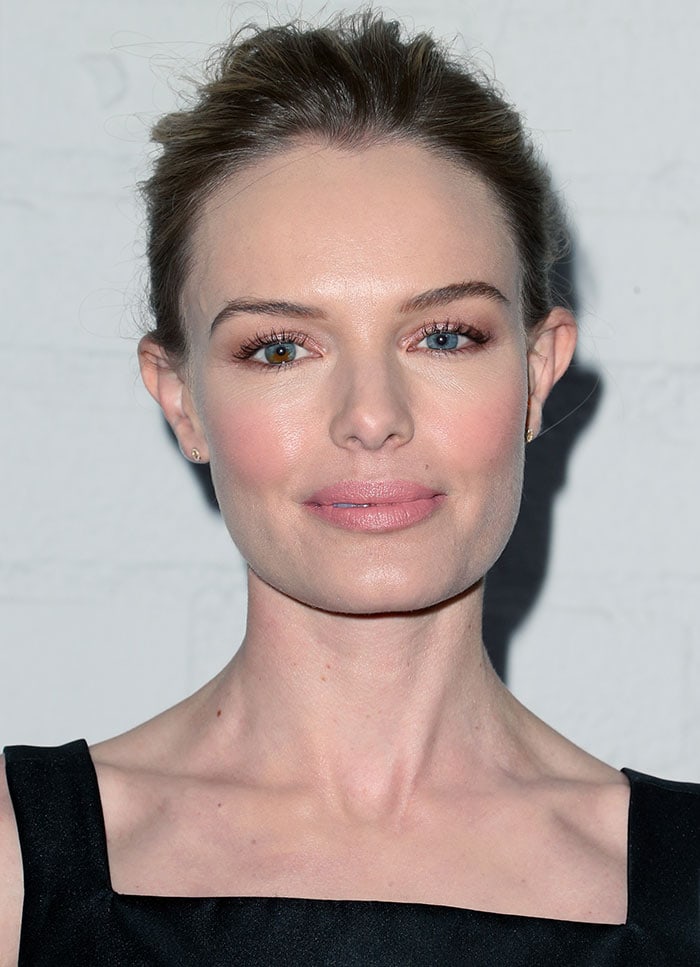 Kate Bosworth's swept back hairstyle and soft, natural makeup with light pink lipstick and blush-on