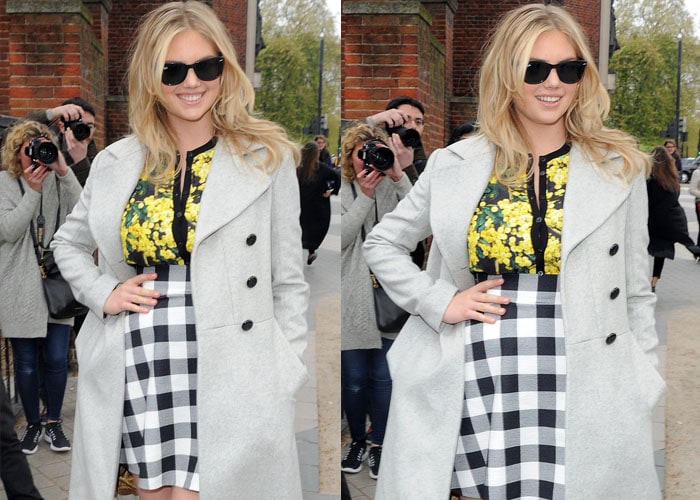 Kate Upton mixed florals and plaid with a gorgeous trench coat