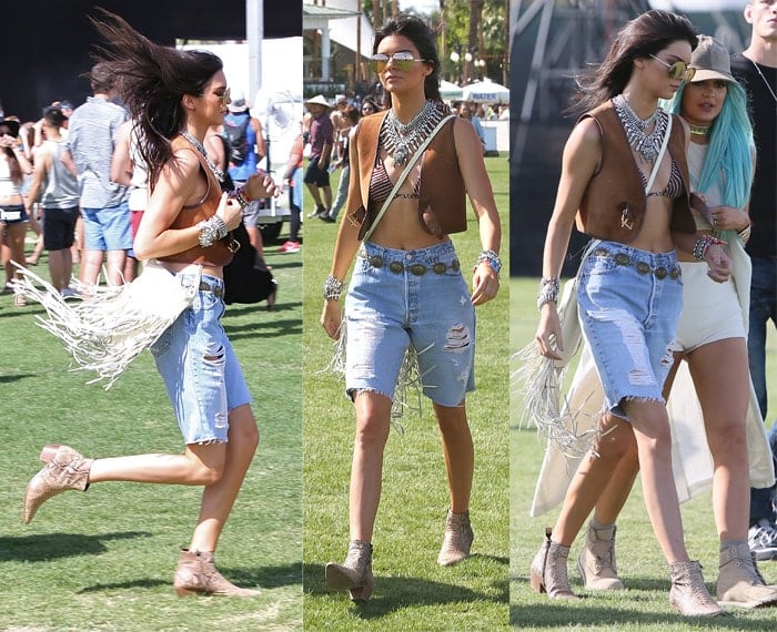 Kendall Jenner styled Re/Done the Walking denim shorts with an Isabel Marant David bikini and a brown Derek Lam vest