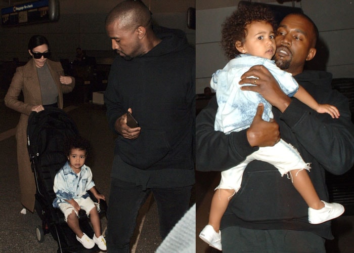 Kim Kardashian, Kanye West, and North West arrive at the Los Angeles International Airport (LAX) on April 16, 2015