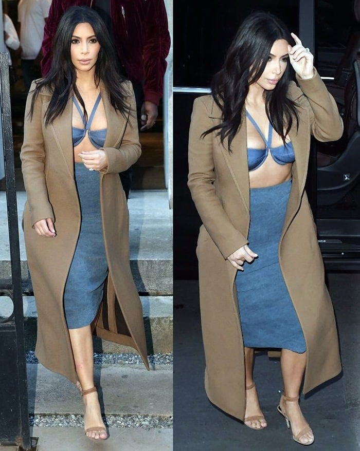 Kim Kardashian wore a high-waisted pencil skirt and a denim bikini-style top