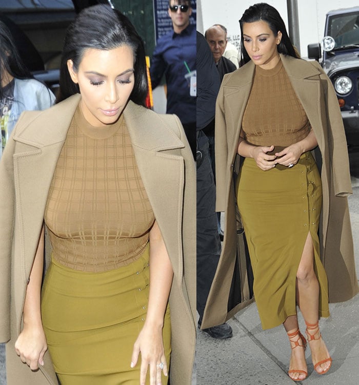 Kim Kardashian's khaki high-neck patterned top