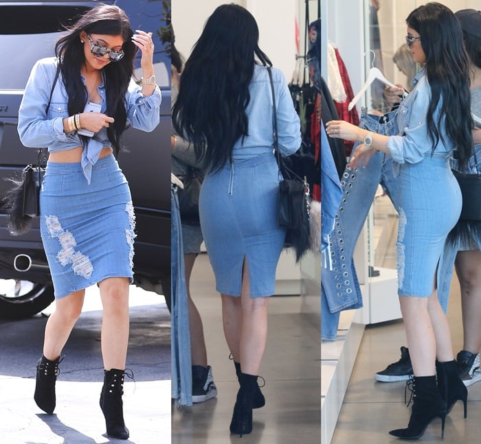 Kylie Jenner flashed her legs in a tight denim skirt