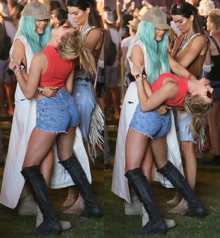 Kendall Jenner, Kylie Jenner and Hailey Baldwin on the first day of the 2015 Coachella Valley Music and Arts Festival in Indio, California, on April 10, 2015