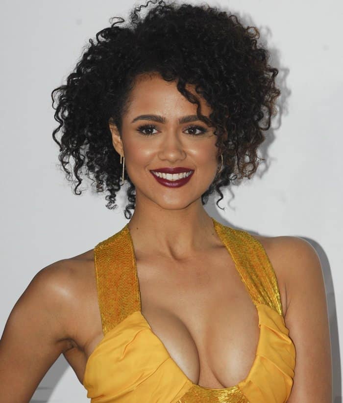 Nathalie Emmanuel's marigold deep scoop beaded collar cut out front dress from the Cushnie et Ochs Spring 2015 collection