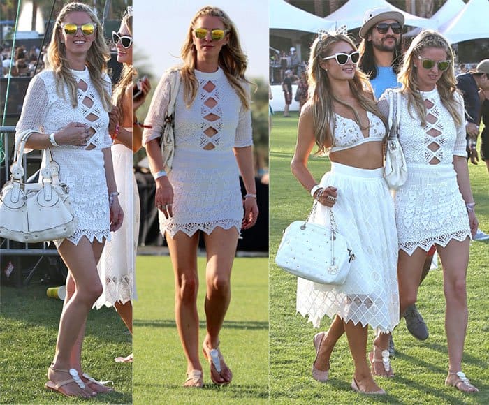 Nicky Hilton looks stunning in a white lace cut-out mini-dress, accessorized with mirrored sunglasses, a white handbag, and flat sandals, while walking arm-in-arm with her sister Paris at Coachella 2015