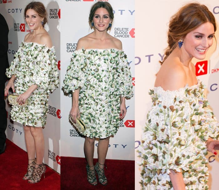 Olivia Palermo dazzles in a floral off-shoulder dress by Marchesa at the 9th Annual Delete Blood Cancer Gala, pairing it with Aquazzura cutout leather sandals and a chic updo