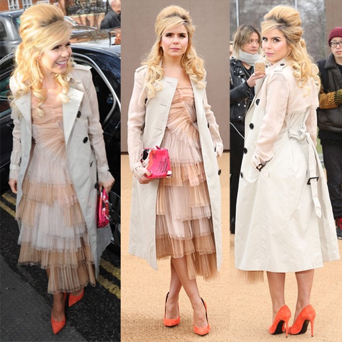 Paloma Faith wears an oversized trench coat at the LFW Autumn/Winter 2015 Burberry Prorsum Show