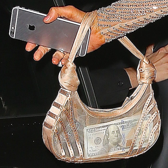 Paris Hilton carries her essentials, including a stack of cash, in a see-through mesh-and-satin handbag