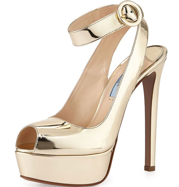 Prada Metallic Ankle-Wrap Platform Sandals