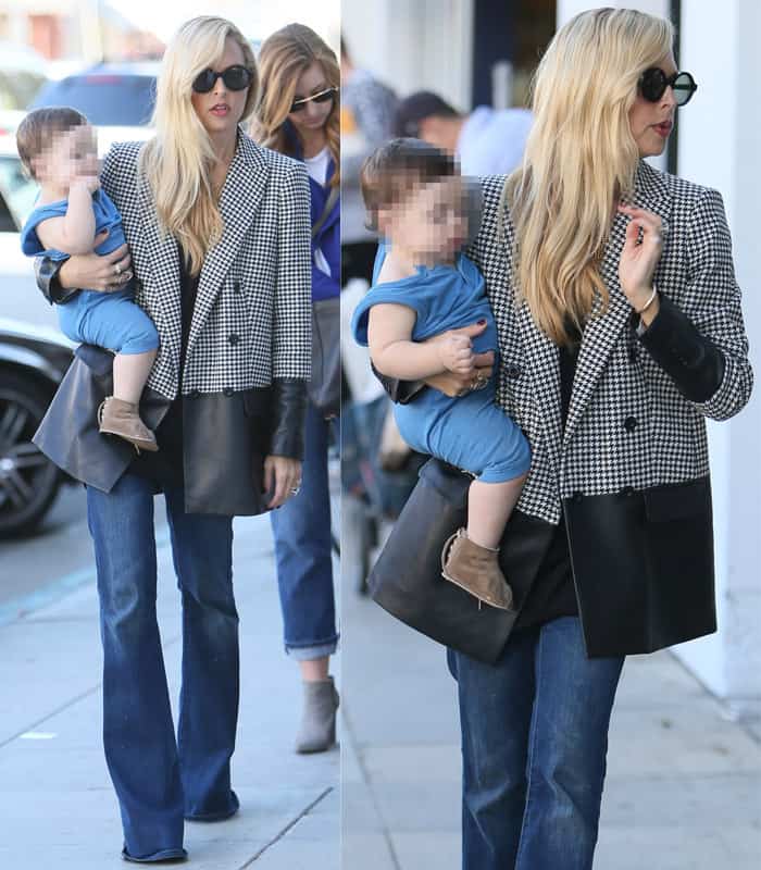 Elevated Casual: Rachel Zoe adds a touch of sophistication to her flared denim with a loose shirt and a classic double-breasted coat