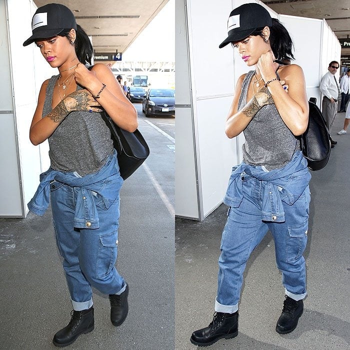 Rihanna in Timberland boots catching a flight out of the Los Angeles International Airport in Los Angeles, California, on September 30, 2014