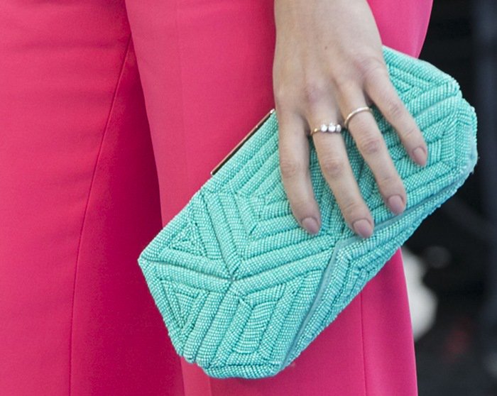 Scarlett Johansson toting a mint-green Roger Vivier bag