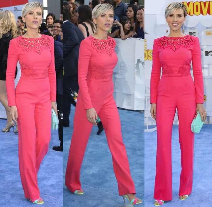 Scarlett Johansson in a pink jumpsuit from the Zuhair Murad Pre-Fall 2015 collection featuring leaf-like cutouts