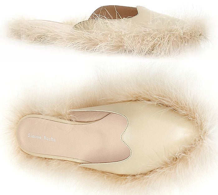 Simone Rocha Feather-Trim Flat Leather Mules