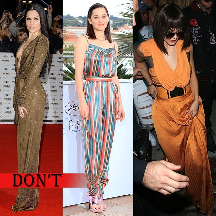 Jessie J in a sparkly brown jumpsuit that needs to be hemmed, Marion Cotillard in a striped jumpsuit that bunches around the ankles, and Kylie Jenner in a too-long jumpsuit that gets in the way when she walks