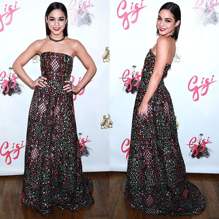 Vanessa Hudgens shows off a dramatic strapless dress by Alice + Olivia by Stacey Bendet