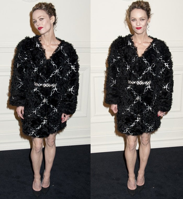 Vanessa Paradis wears a furry black dress on the black carpet of the Metiers d'Art Collection