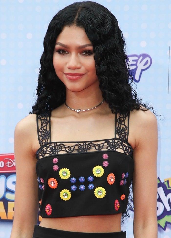 Zendaya dazzles in an embellished black crop top from the Peter Pilotto Spring 2015 collection