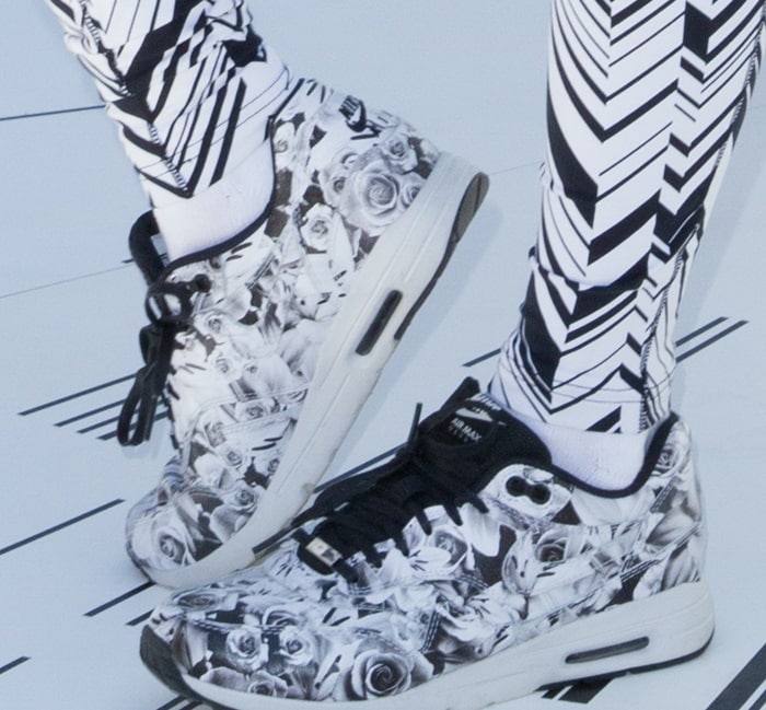 Bella Thorne's Nike Air Max 1 Ultra sneakers feature a striking monochrome floral print, blending bold style with lightweight comfort and a nod to International Women's Day