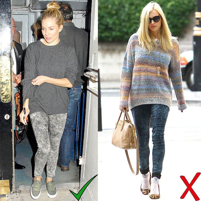 "Sienna Miller and Fearne Cotton demonstrate contrasting styles with acid wash jeans - Sienna opts for a monochromatic, oversized sweater while Fearne experiments with a bold, bulky knit