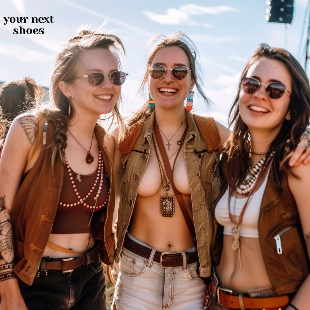 Embodying festival chic, three friends share a joyful moment under the sun, sporting trendy sunglasses and earth-toned vests paired with bohemian accessories