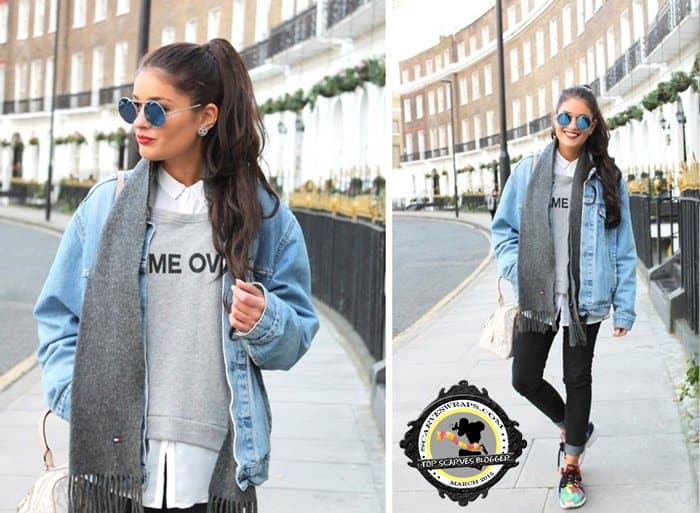 Catia styled a denim jacket with a gray wool scarf and colorful sneakers