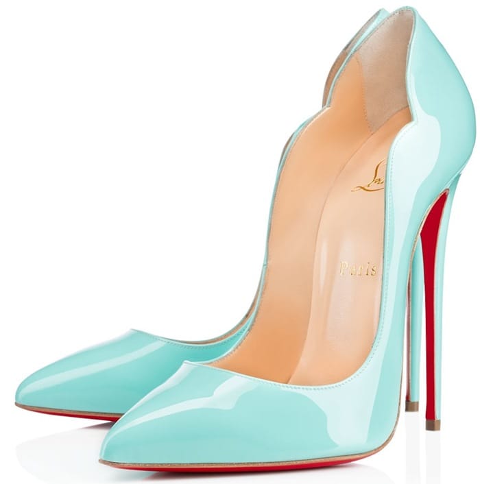 Christian Louboutin's Hot Chick pumps in stunning turquoise patent leather, featuring a 100mm heel, bold arch, scalloped topline, and the signature red sole