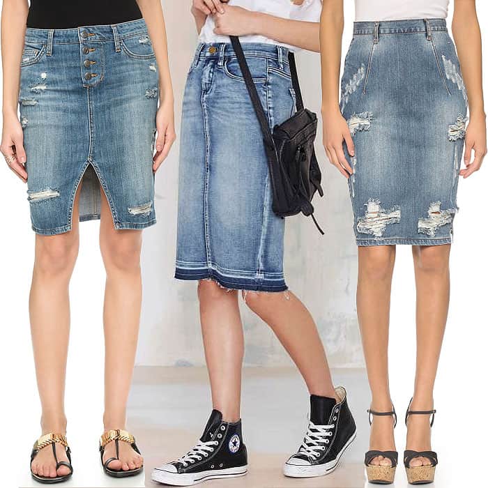 From left to right: Joe's Jeans Button-Up Denim Pencil Skirt, Blank NYC "Cry Baby" Ripped-Hem Denim Skirt, and One Teaspoon Dusty "Free Love" Denim Skirt