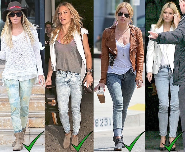 Ashley Tisdale, Kate Hudson, Ashley Benson, and Gwyneth Paltrow each incorporate acid wash jeans into their diverse personal styles with great success