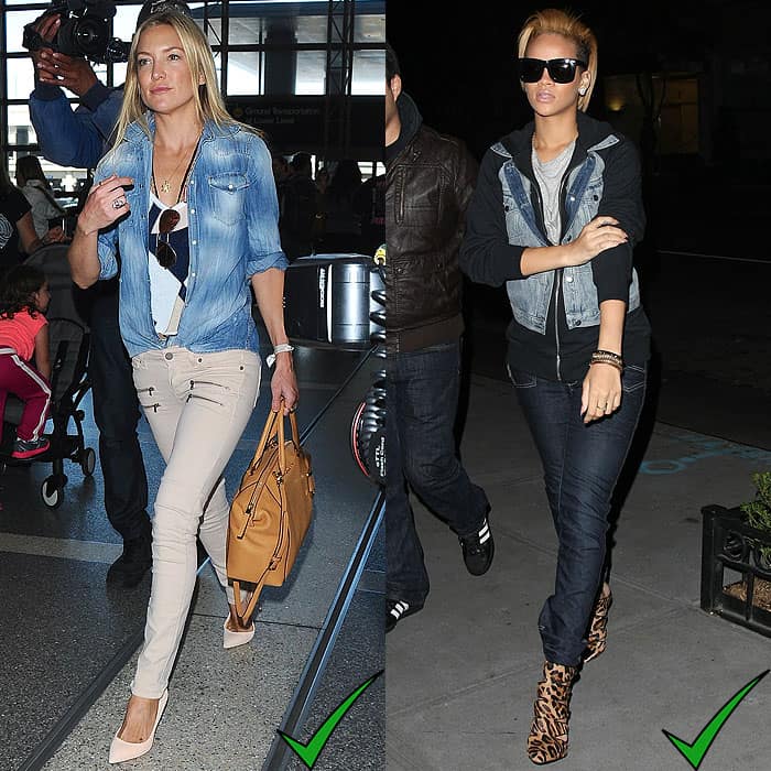 Kate Hudson and Rihanna showcase the art of double denim, skillfully combining acid wash jeans with contrasting denim pieces for a cohesive look