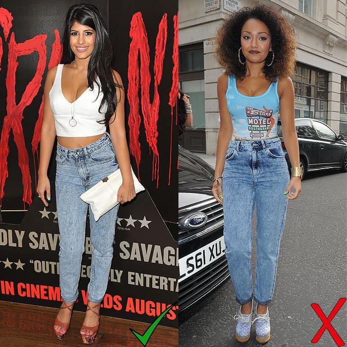 Jasmin Walia and Leigh-Anne Pinnock showcase how high-waisted acid wash jeans can create dramatically different impacts on style and silhouette