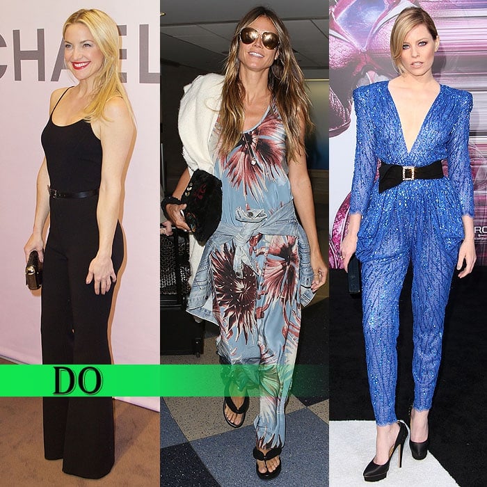 Kate Hudson, Heidi Klum, and Elizabeth Banks expertly accentuate their waists with belts and jackets, enhancing jumpsuit silhouettes