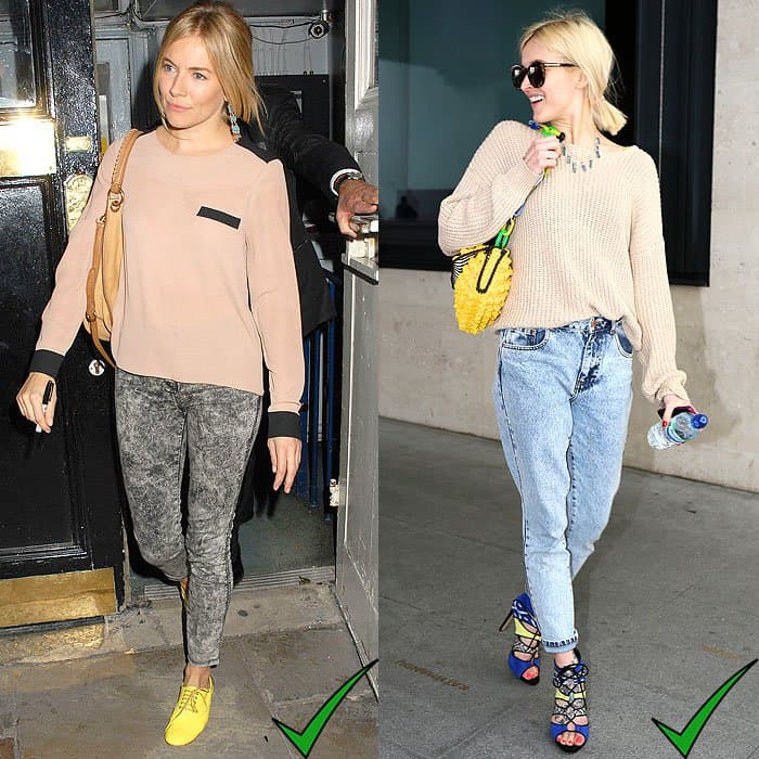 Sienna Miller and Fearne Cotton accessorize acid wash jeans with modern touches, showing how the right details can elevate a retro look