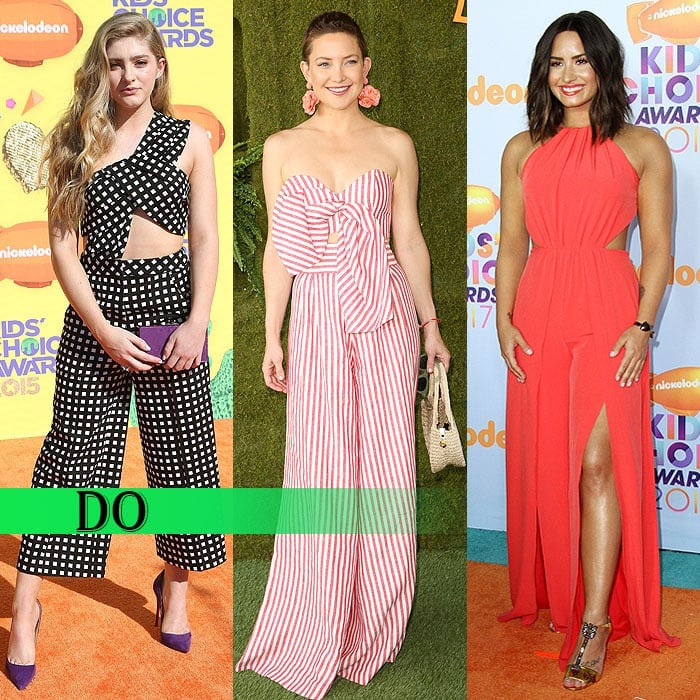 Willow Shields in a polka-dot jumpsuit, Kate Hudson in a knotted candy-striped jumpsuit, and Demi Lovato in a flowy, dress-like halter jumpsuit with sexy leg slits