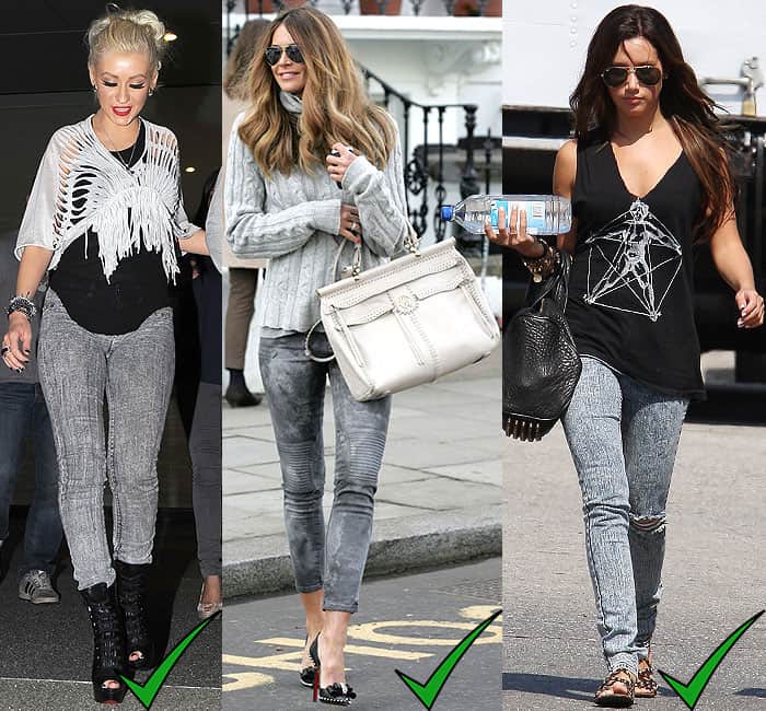 Christina Aguilera, Elle Macpherson, and Ashley Tisdale each bring their unique rocker chic twist to acid wash jeans, merging attitude with fashion